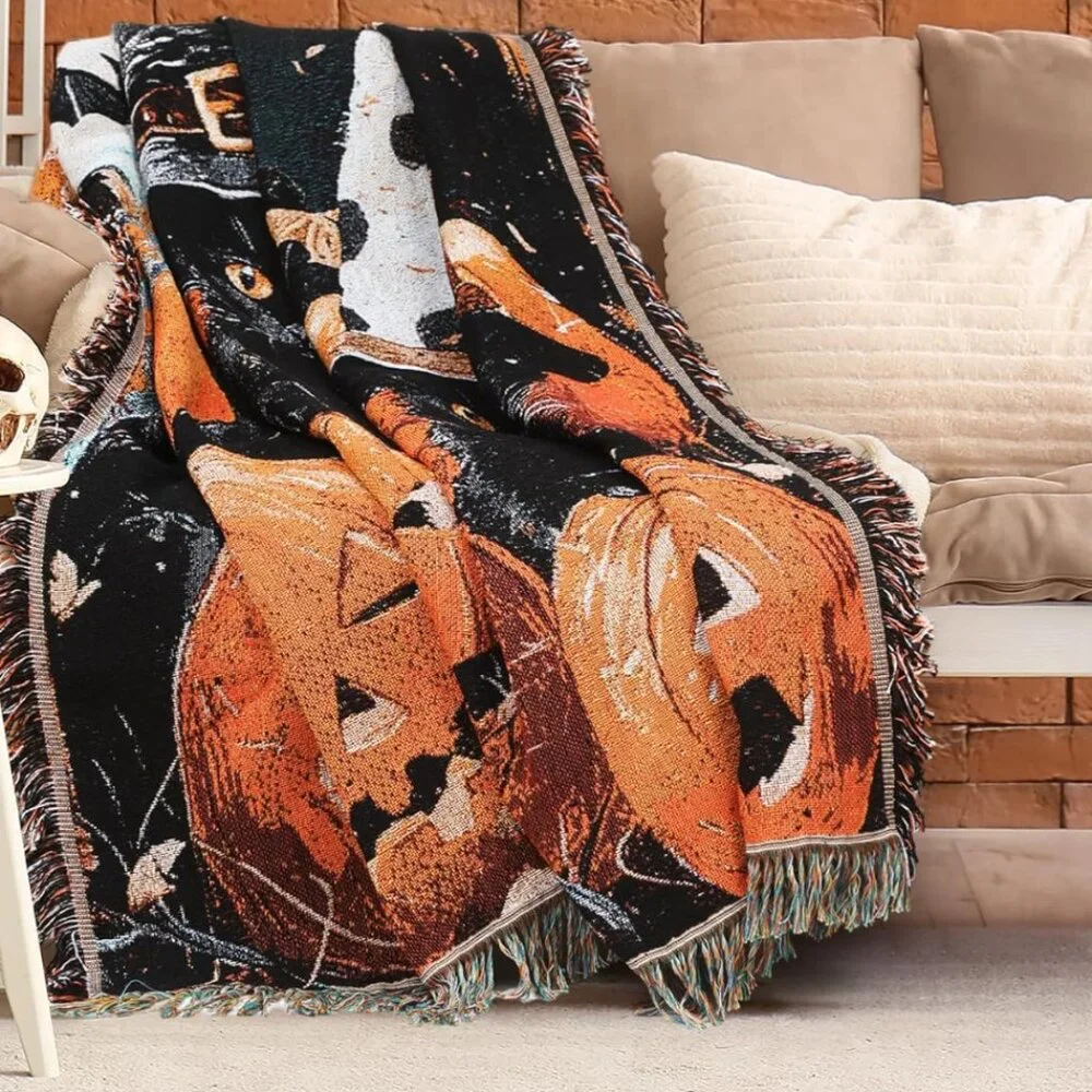 Vintage Kittens with Pumpkins Halloween Blanket Sofa Throw